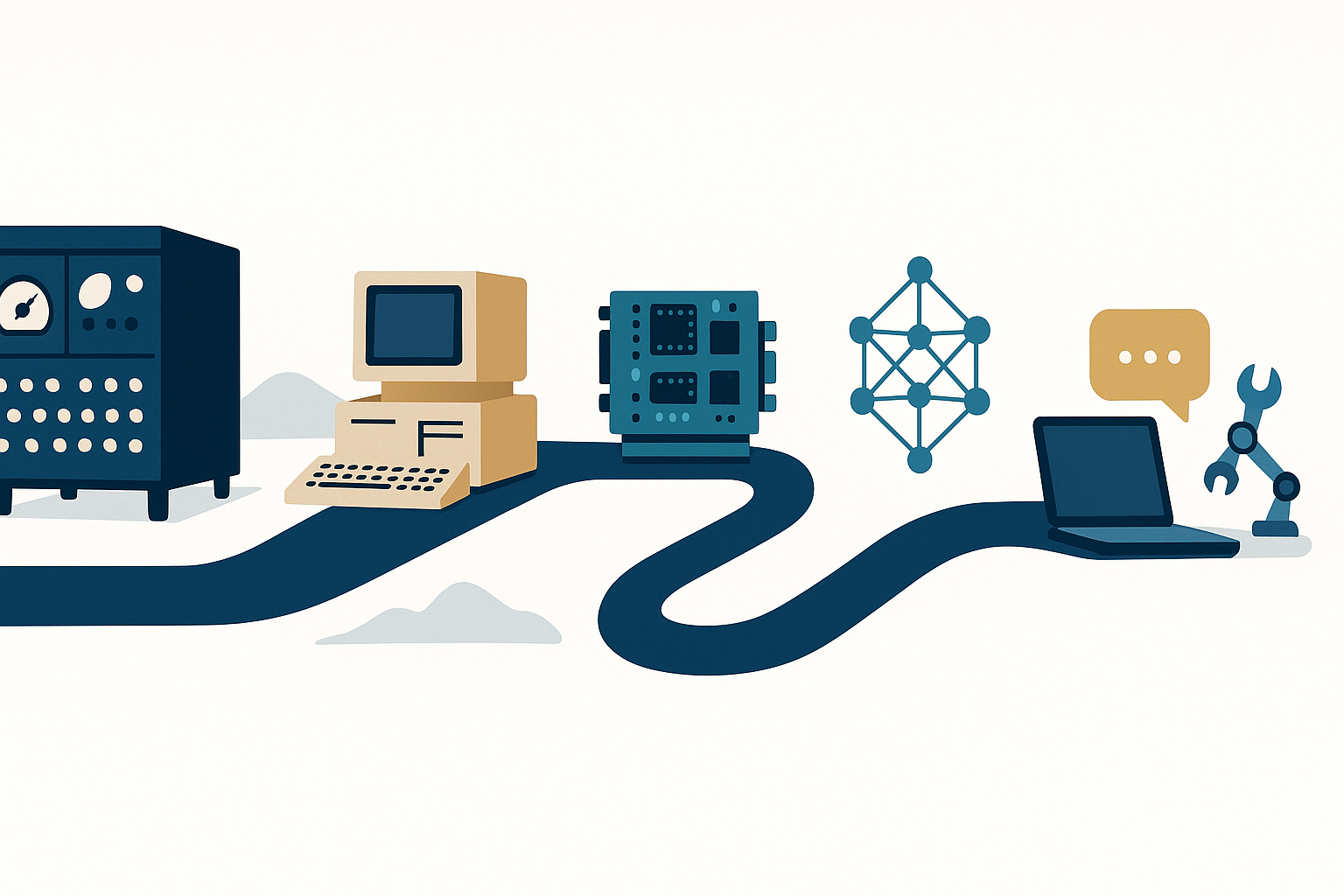 A winding road through computing history, from a 1950s cabinet computer with dials, past a beige workstation and GPU boards, to a modern laptop with a chat bubble and robotic arm.