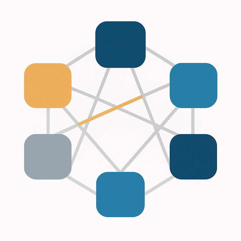 Six word blocks arranged in a circle, every block connected to every other by thin lines, with one connection highlighted — every token attending to every other token.