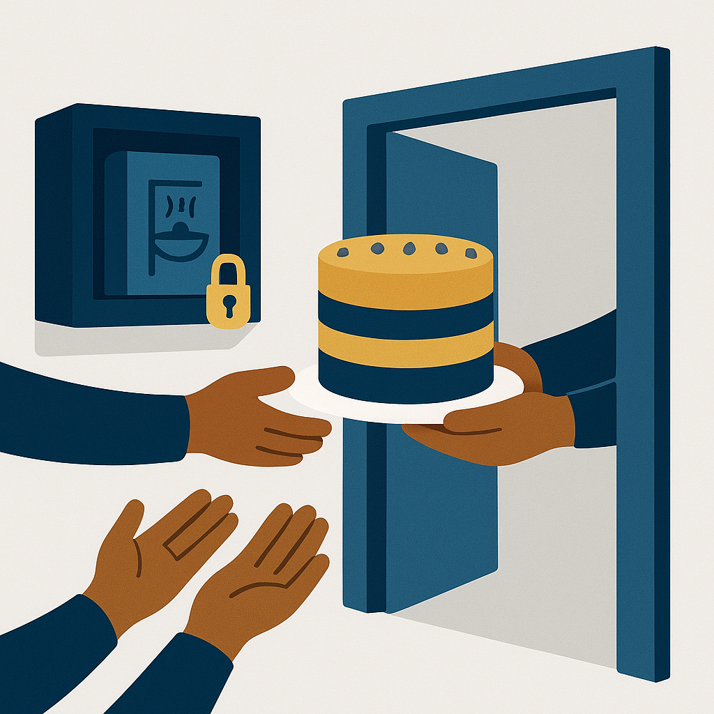 Hands pass a finished three-layer cake through an open door while the recipe book stays locked in a cabinet — open weights without the recipe.
