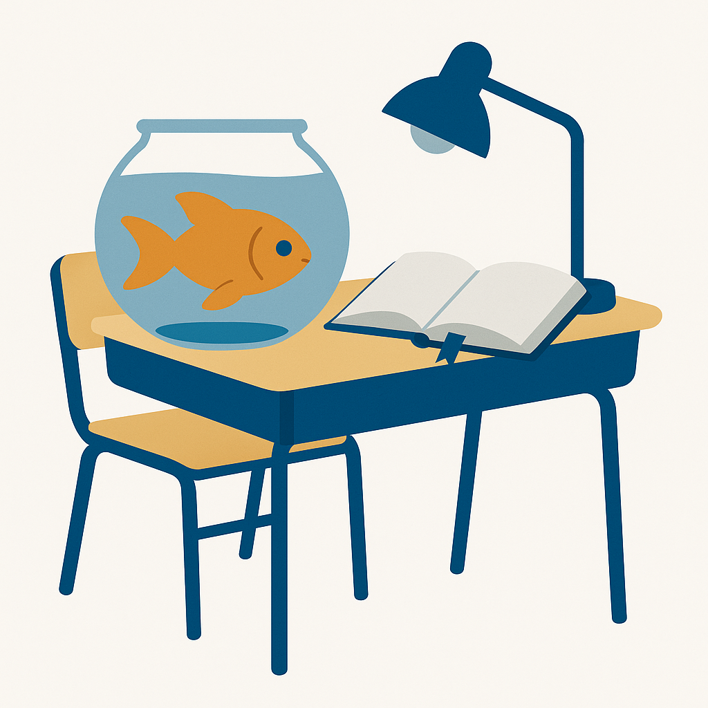 A goldfish in a bowl sits at an exam desk beside a large open reference book — the frozen model taking an open-book exam.