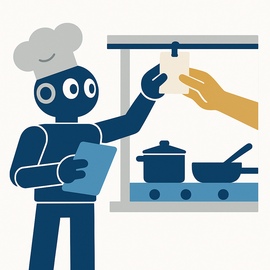 A chef robot writes an order ticket and clips it to the kitchen rail; hands on the other side of the pass take the ticket to the stove — the model writes the ticket, the harness cooks.