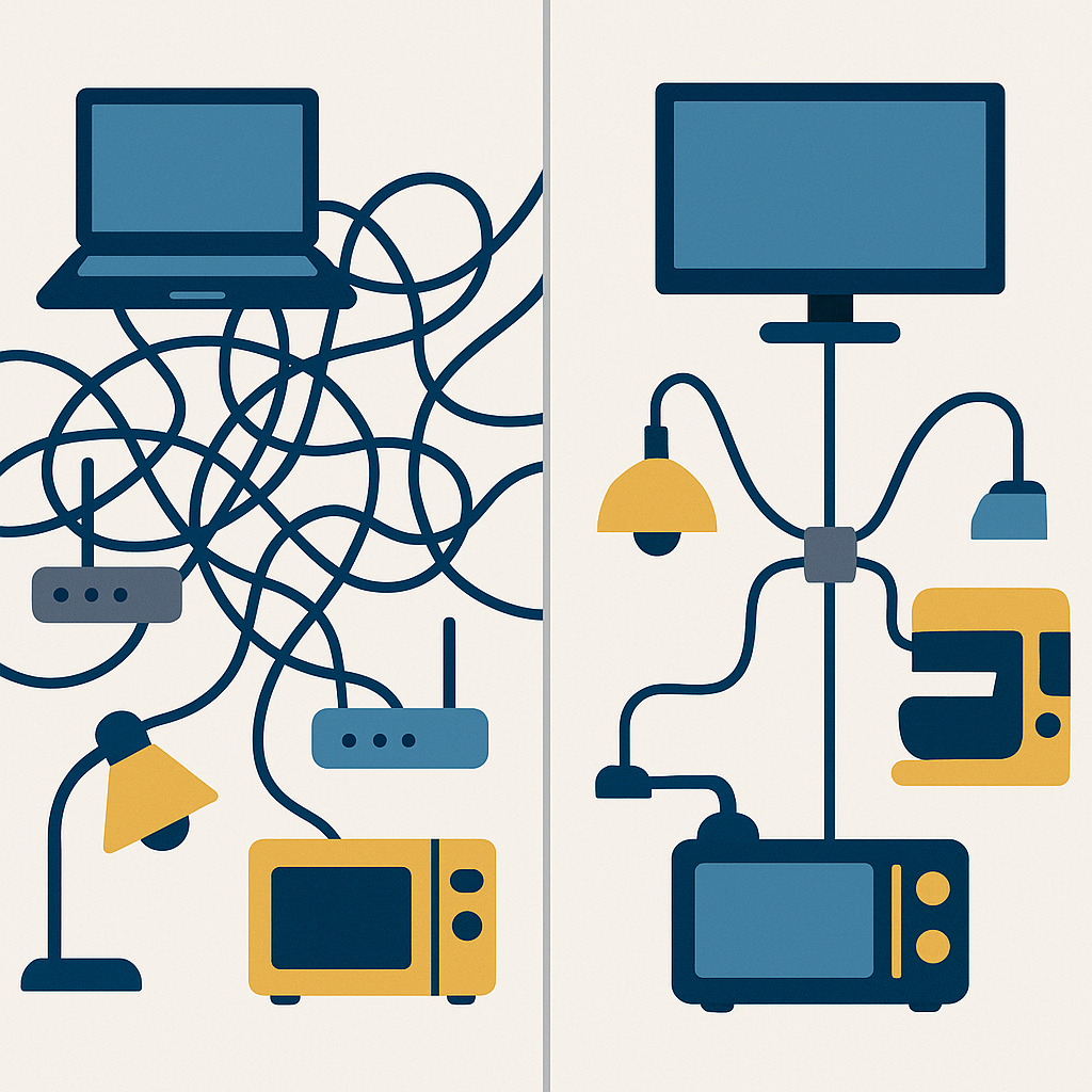 Left: a chaotic tangle of cables between devices. Right: the same devices connected neatly through one central hub — N times M collapses to N plus M.