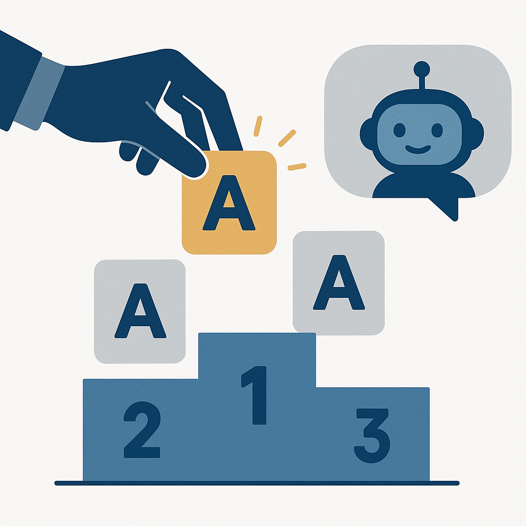 A human hand ranks three answer cards into podium order while a small robot in a chat bubble watches and learns.