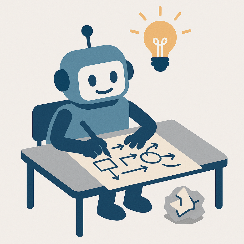 A robot works through a problem on a big sheet of scratch paper covered in diagrams, a lightbulb glowing overhead and a crumpled first attempt on the floor.