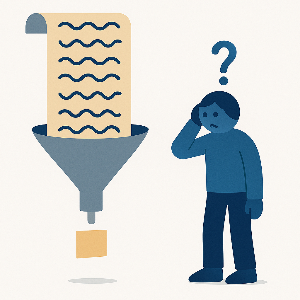 A long scroll of text is squeezed through a funnel, producing a single tiny sticky note that a confused reader stares at.