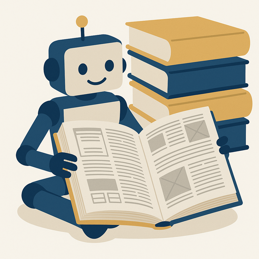 A robot sits reading an enormous open book whose pages are made of tiny webpage wireframes, with a stack of more giant books behind it.