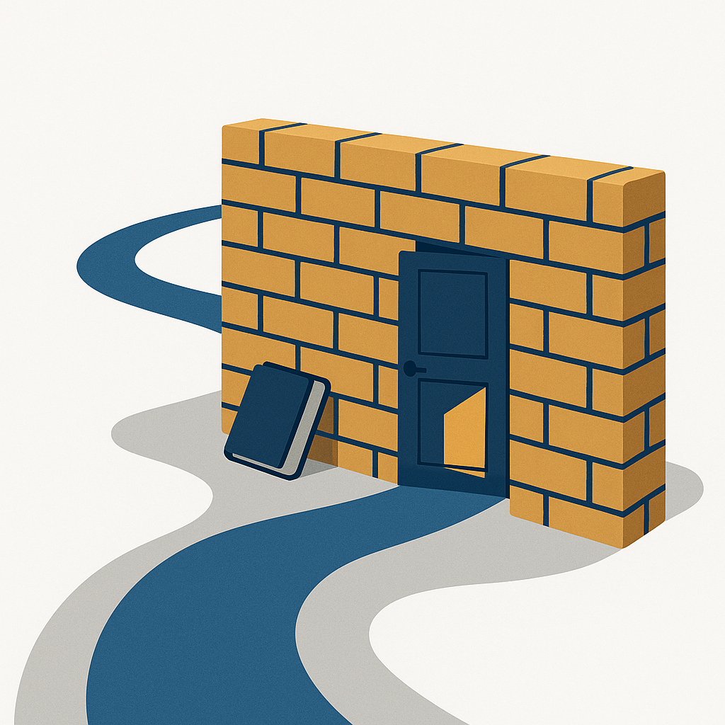 A brick wall blocks a winding path, but a small door in the wall stands ajar with light shining through; a heavy closed book leans against the wall.